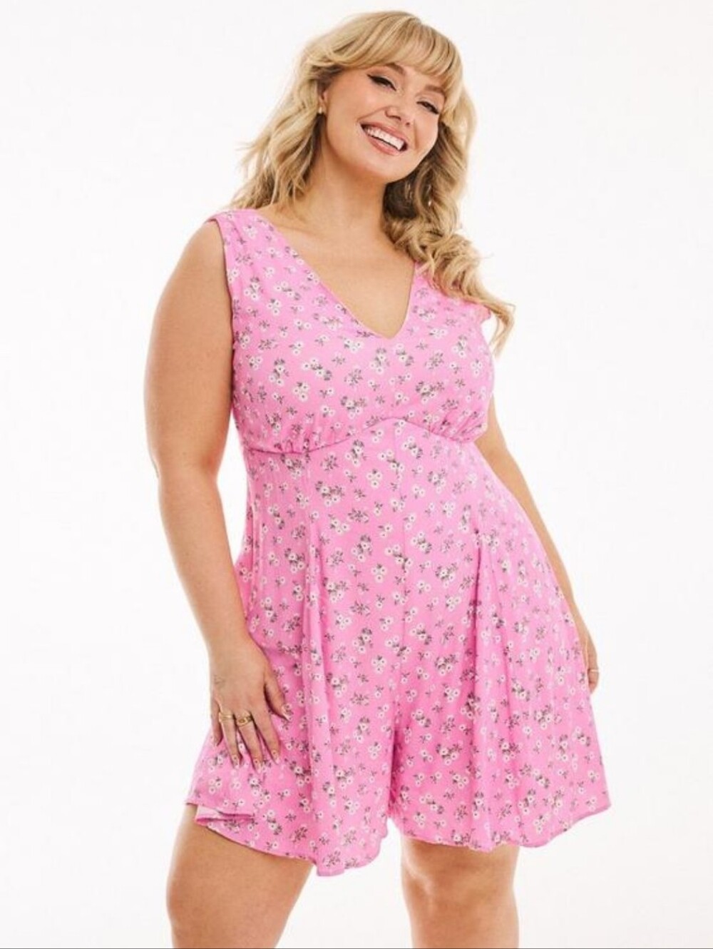 Pink Floral V-Neck Sleeveless Romper